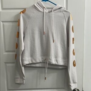 Guess White Cropped Hoodie with Rose Gold Lettering